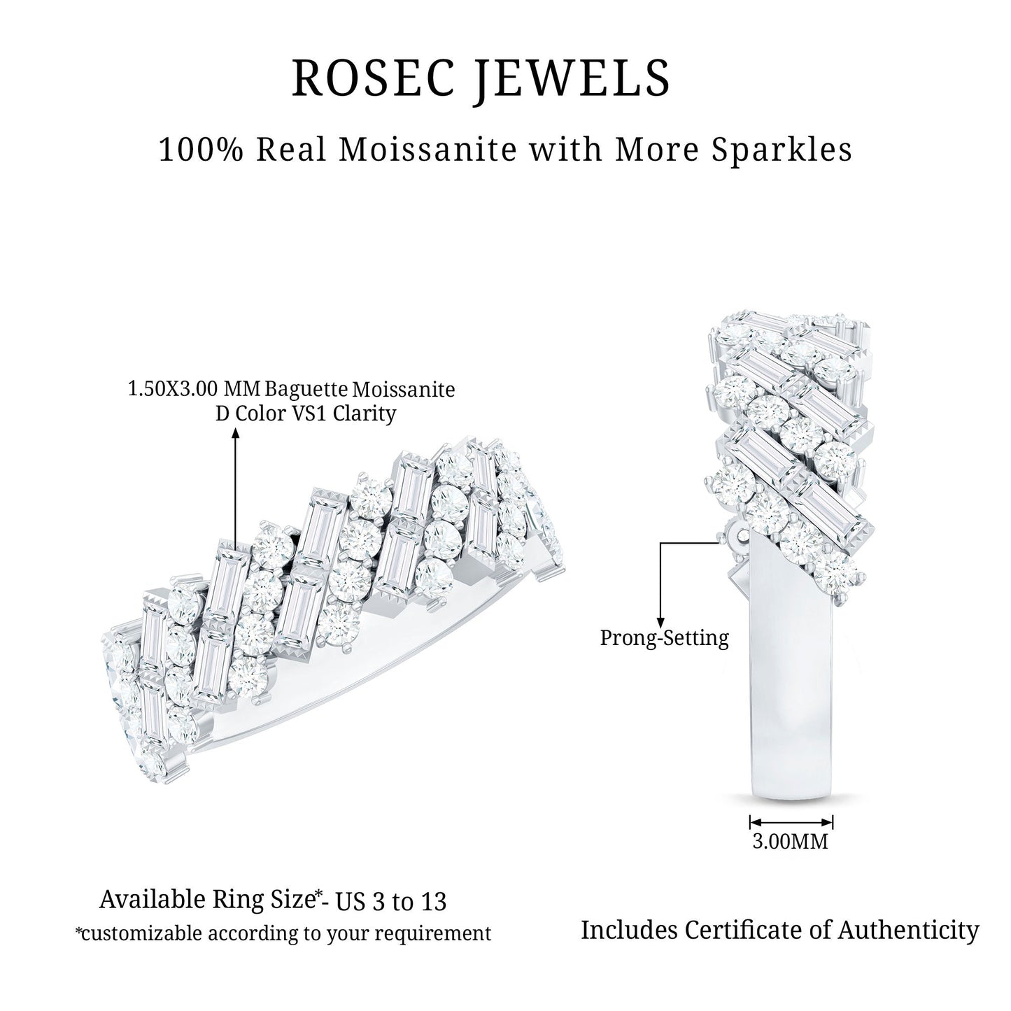 Certified Baguette and Round Moissanite Half Eternity Wedding Band