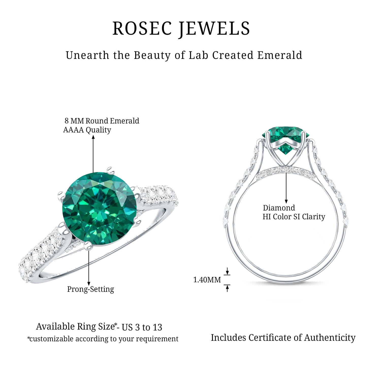 Lab Created Emerald Solitaire Engagement Ring with Diamond Side Stones