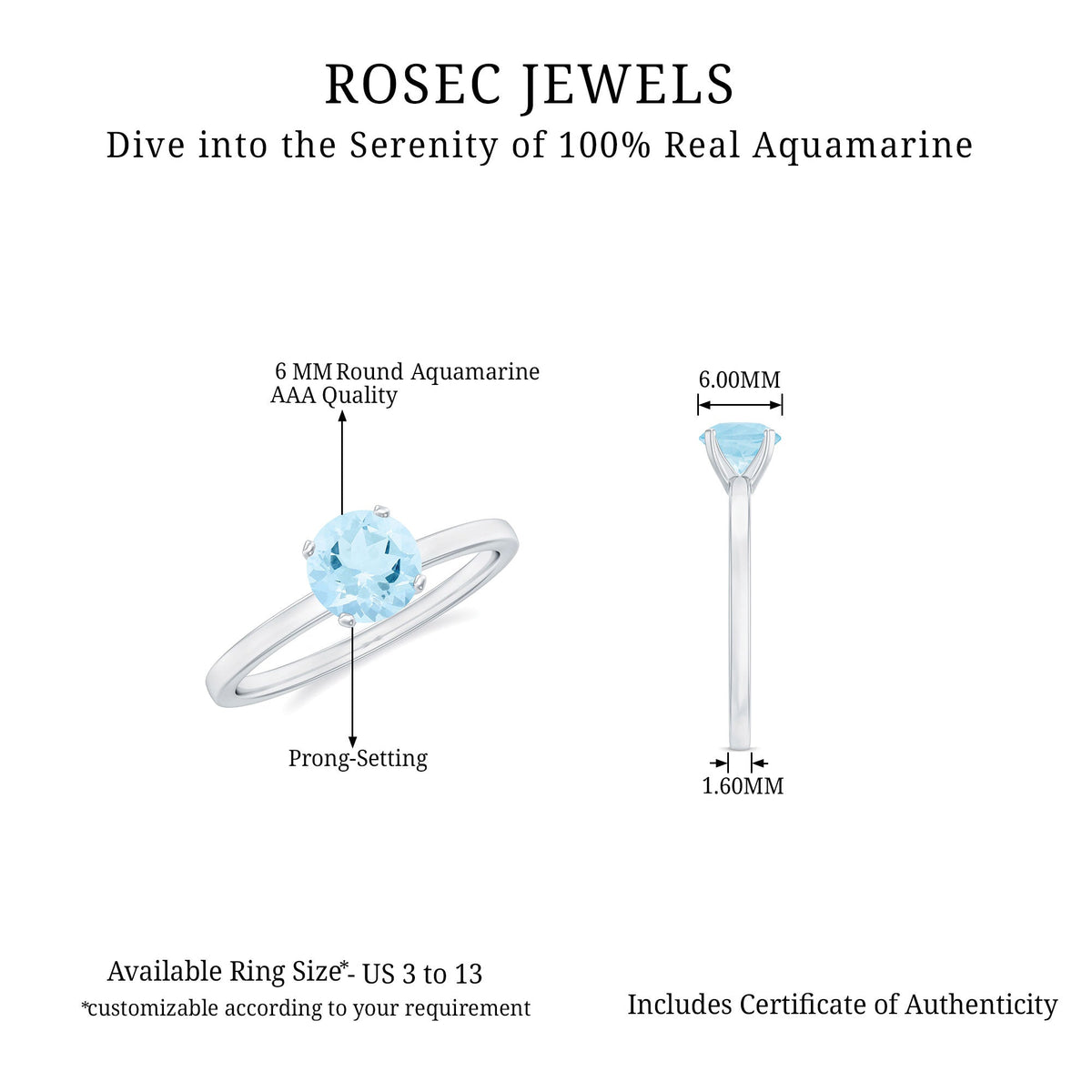 Natural Round Aquamarine Solitaire Promise Ring
