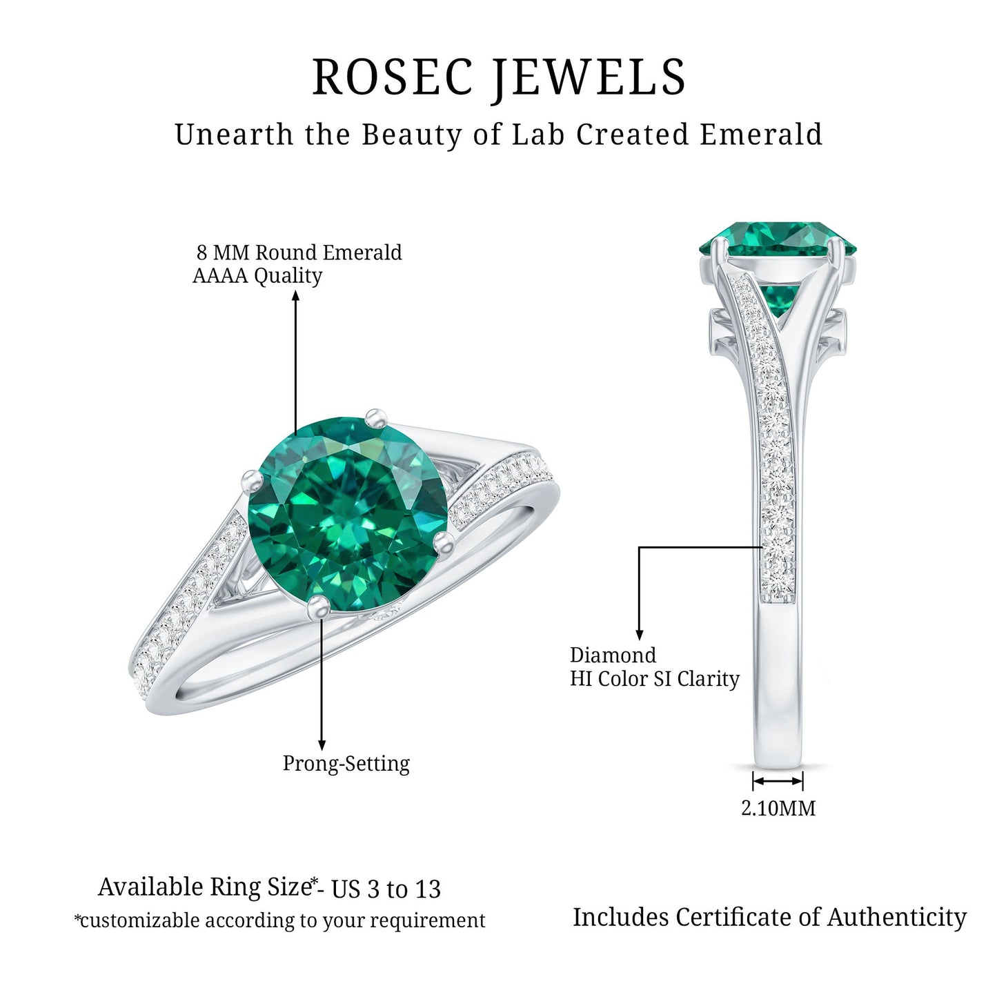 Certified 2 Carat Lab Grown Emerald Split Shank Engagement Ring with Diamond