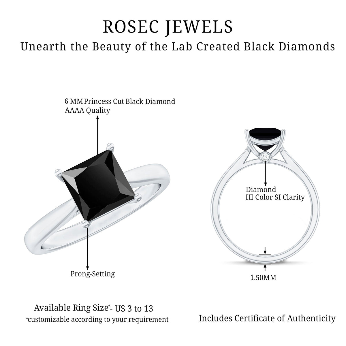 1 Carat Princess Cut Lab Grown Black Diamond Engagement Ring with Surprise White Diamond