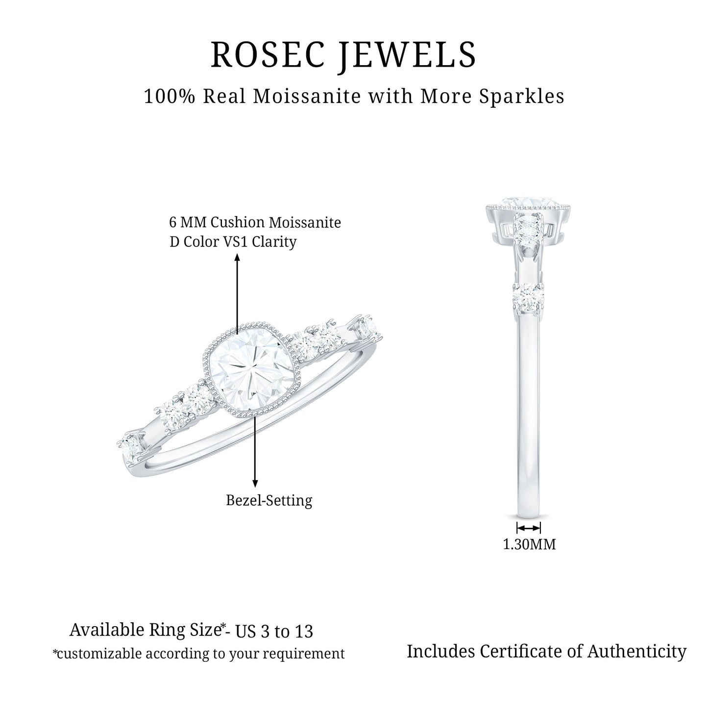 1.7 Carat Cushion Cut Moissanite Solitaire Engagement Ring in Bezel Setting