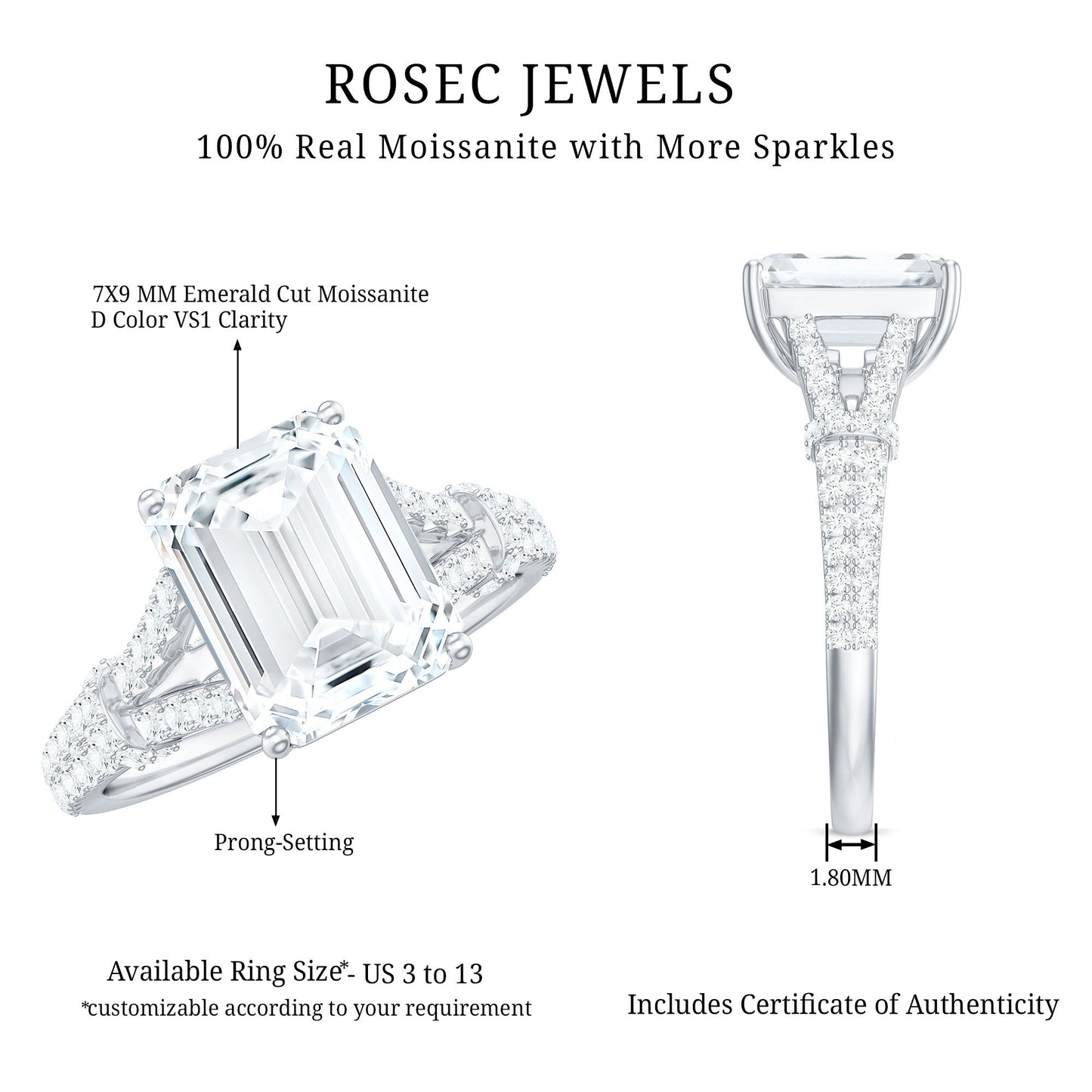 2.8 Carat Emerald Cut Moissanite Split Shank Engagement Ring for Women