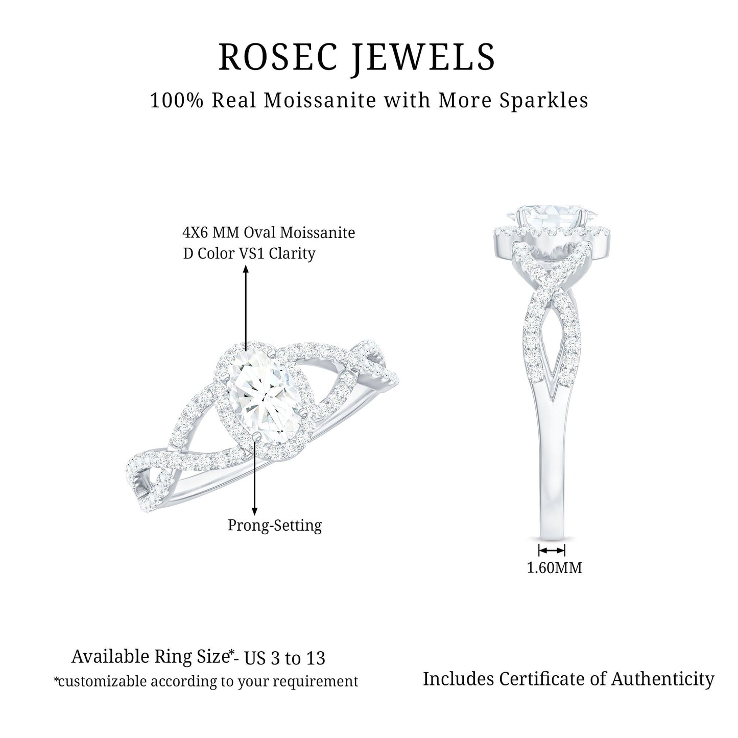 Certified Oval Cut Moissanite Halo Engagement Ring with Crossover Shank
