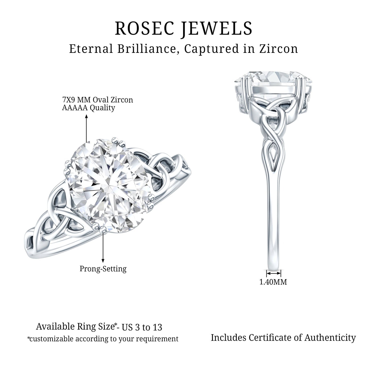 Certified 2 Carat Cubic Zirconia Oval Engagement Ring with Celtic Knot