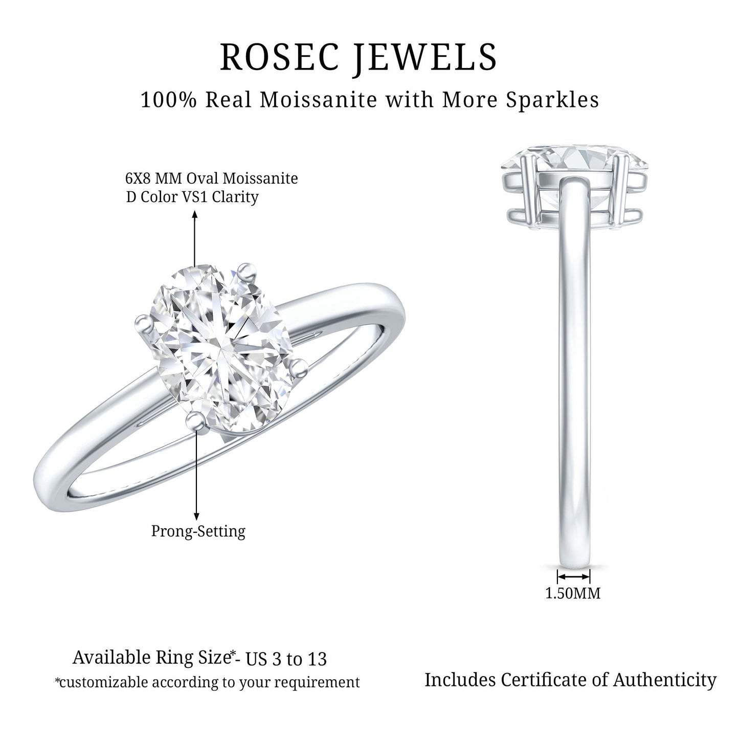 Certified 1.2 Carat Moissanite Oval Engagement Ring in Silver