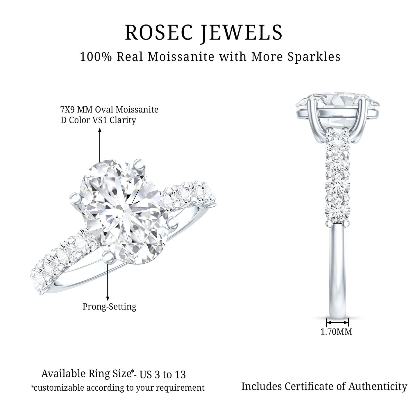 Certified 2 Carat Moissanite Oval Engagement Ring with Side Stones
