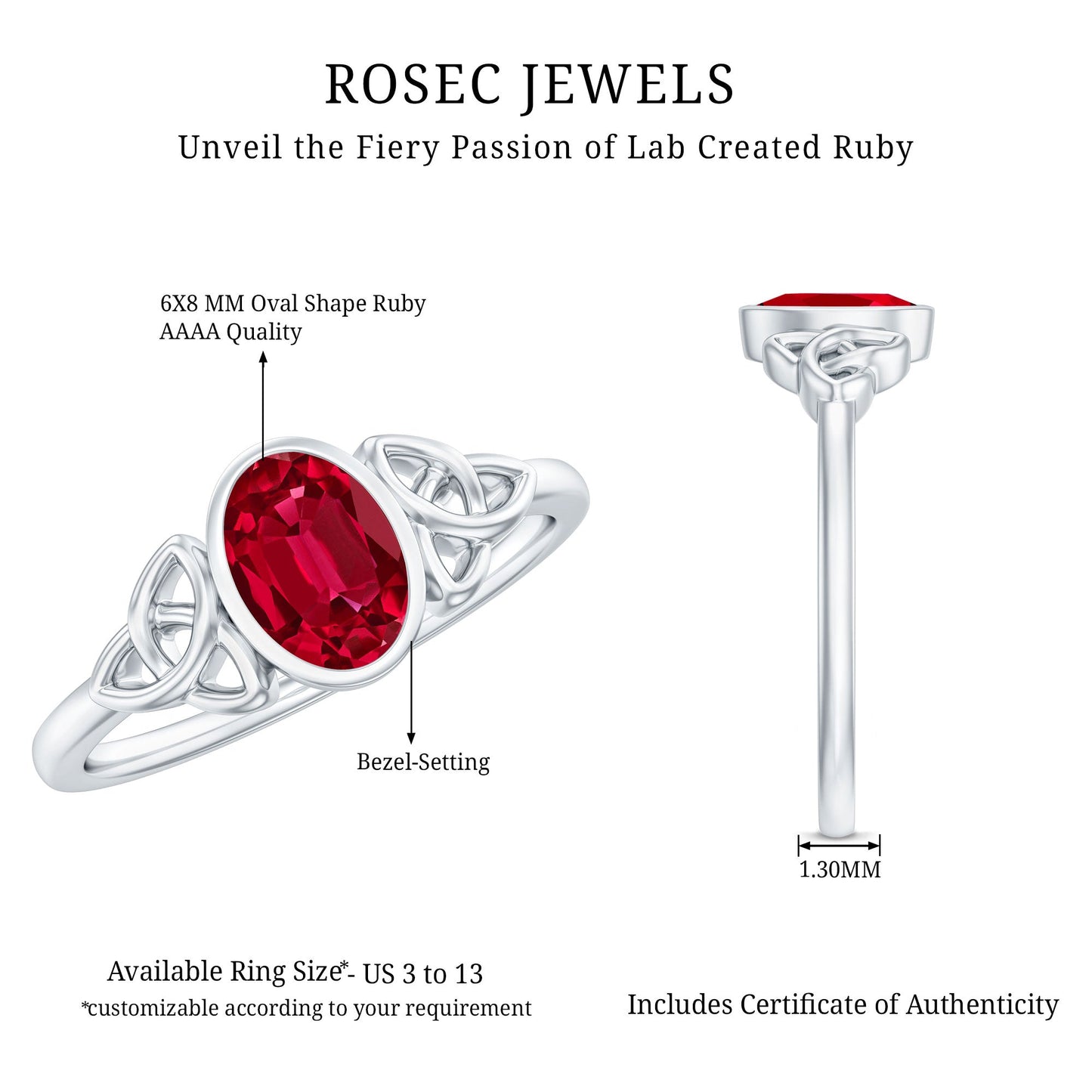 Oval Shaped 1.5 Carat Lab Grown Ruby Celtic Engagement Ring in Bezel Setting