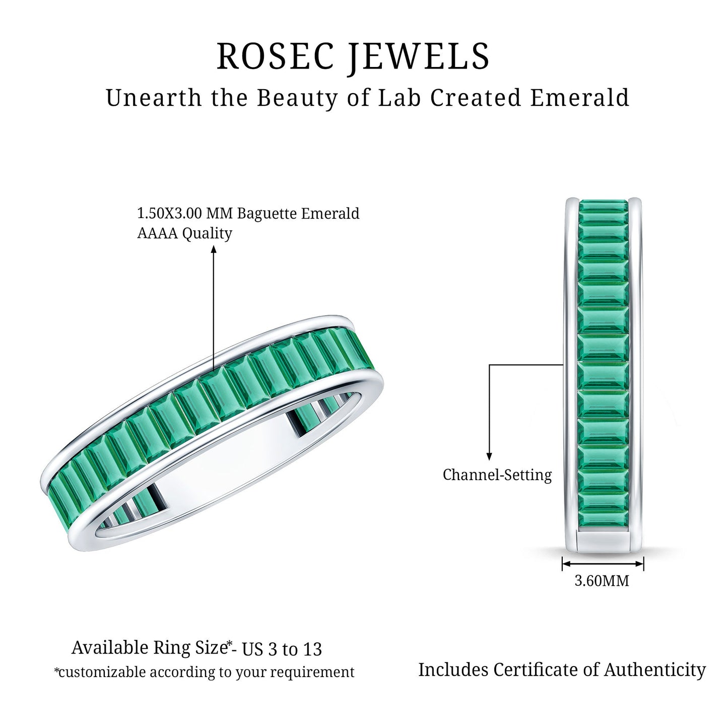 Channel Set Baguette Cut Created Emerald Eternity Band Ring