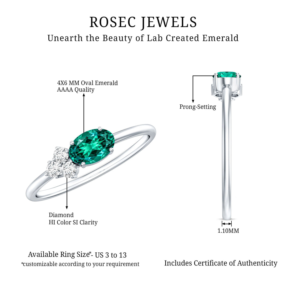 East West Style Oval Lab Grown Emerald Promise Ring with Diamond Trio