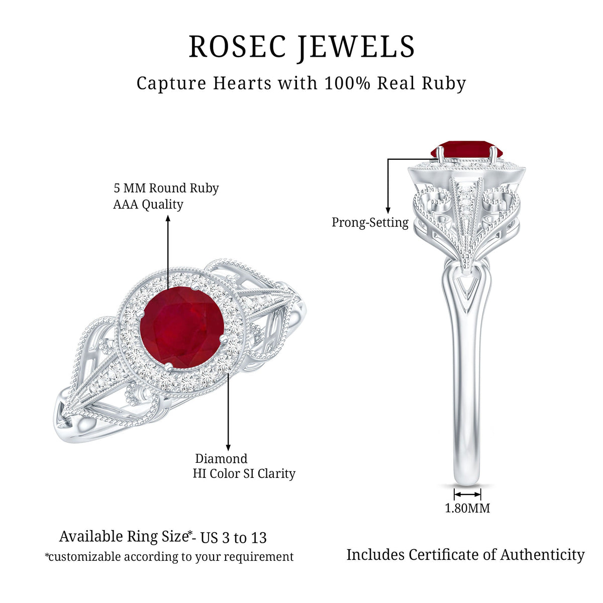 Natural 0.6 Carat Ruby Retro Engagement Ring with Diamond Halo
