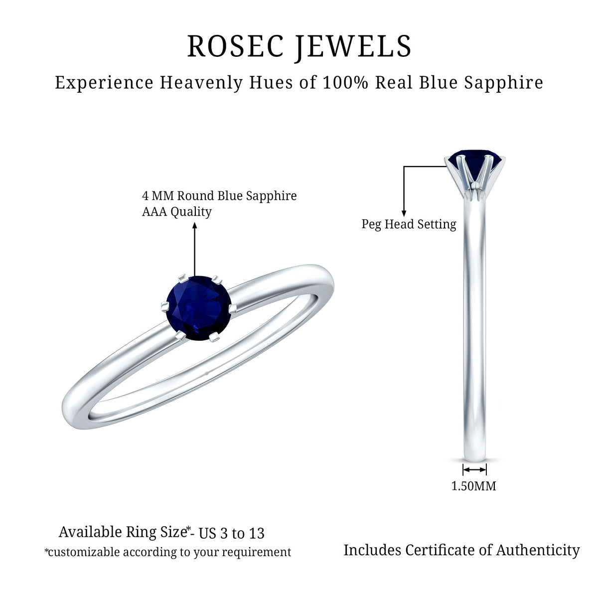 Genuine Blue Sapphire September Birthstone Ring for Women