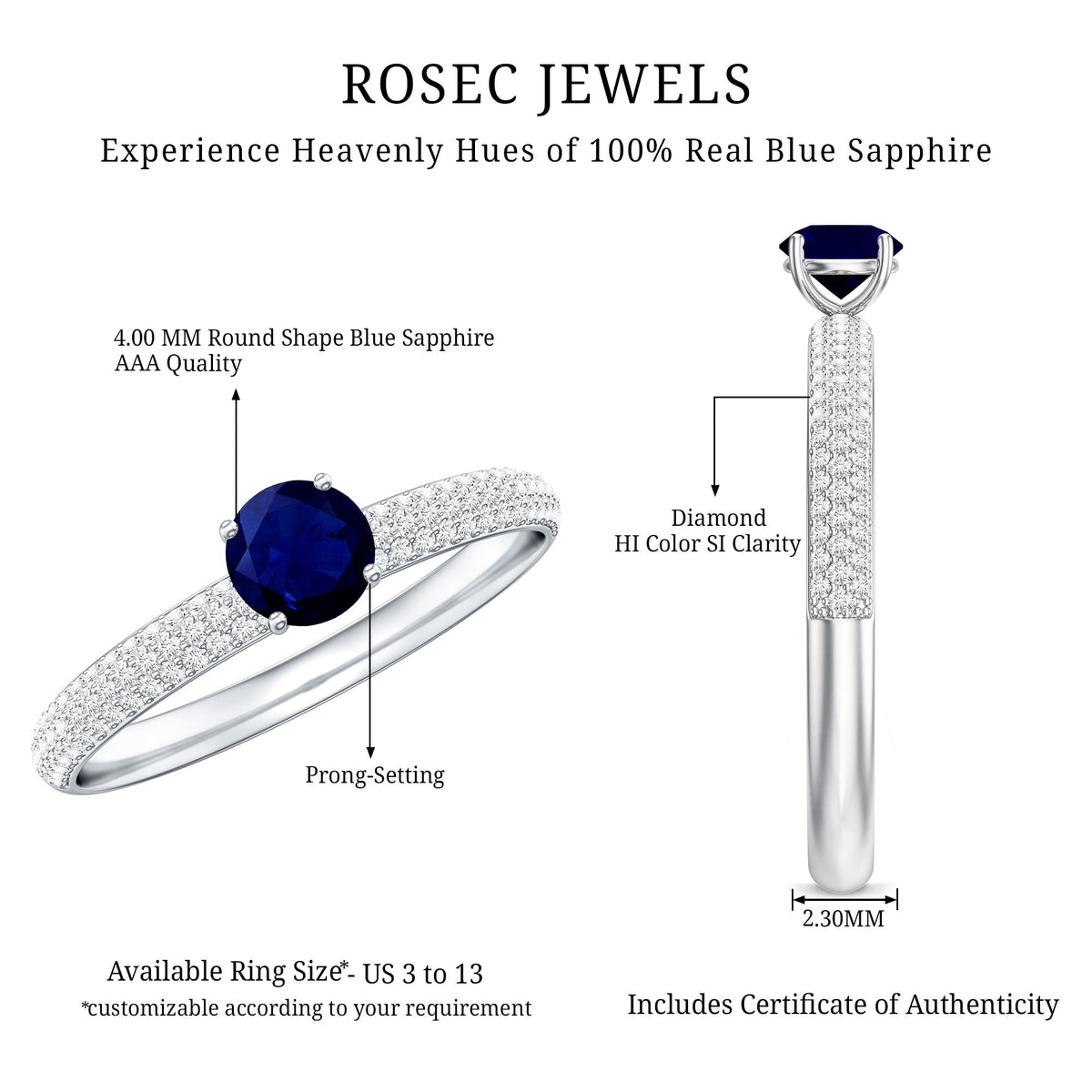 Genuine Blue Sapphire and Diamond Side Stone Engagement Ring