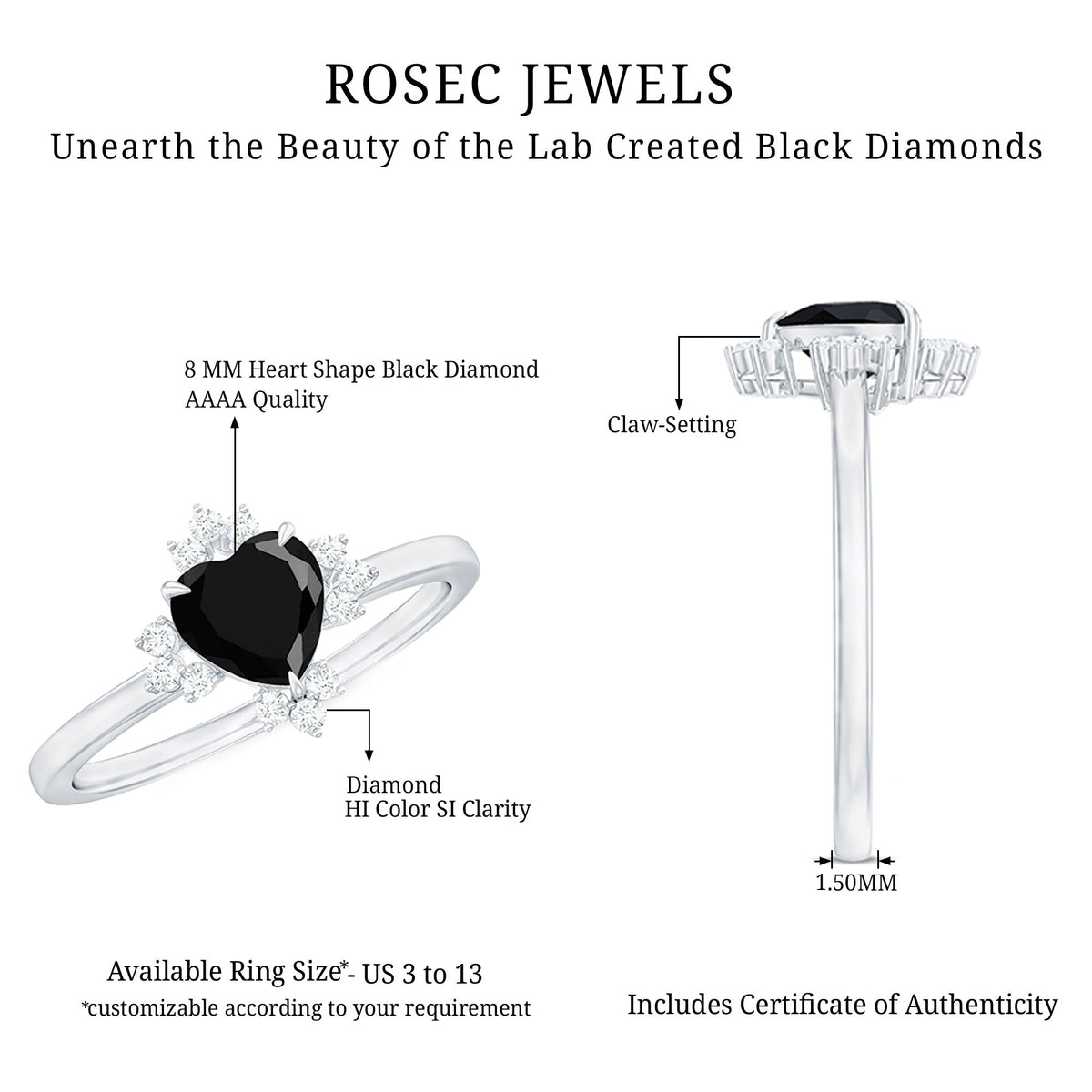 Heart Shape Lab Grown Black Diamond Engagement Ring with White Diamond