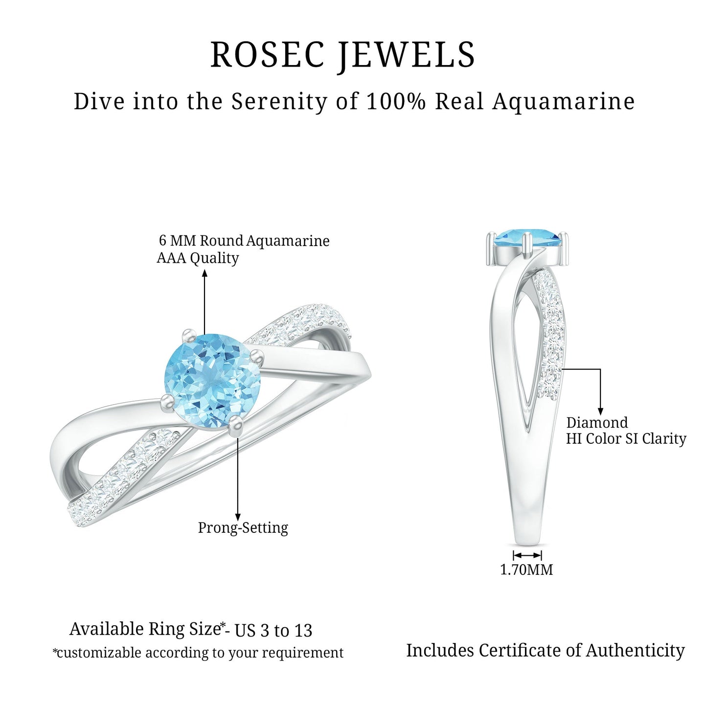 Genuine Aquamarine Engagement Ring with Diamond Infinity Shank