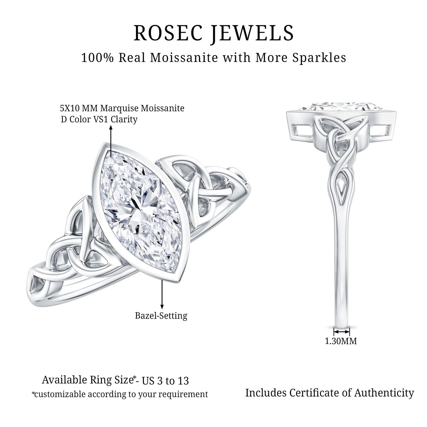 Moissanite 1 Carat Marquise Cut Engagement Ring in Bezel Setting