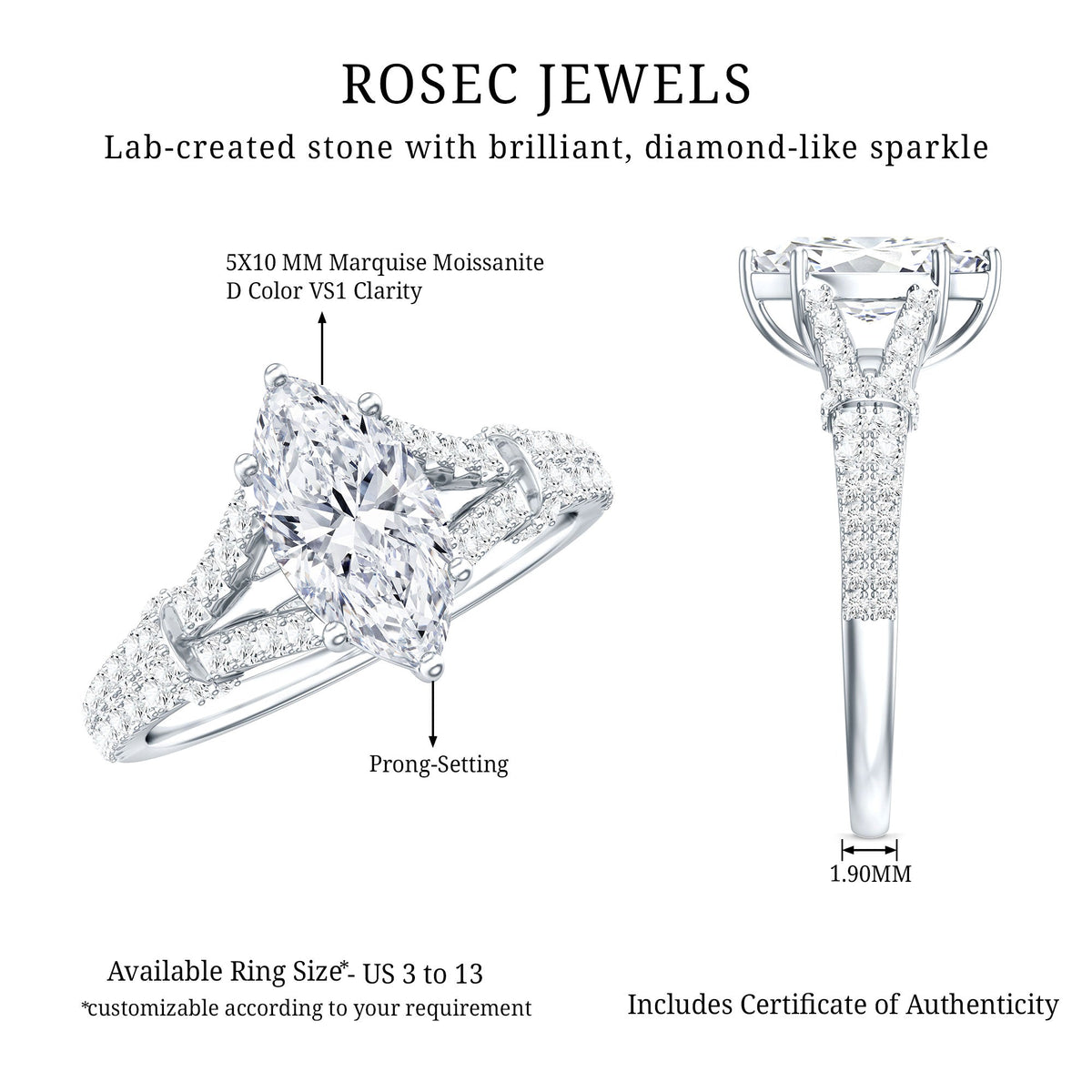 Marquise Cut Moissanite Solitaire Engagement Ring in Split Shank