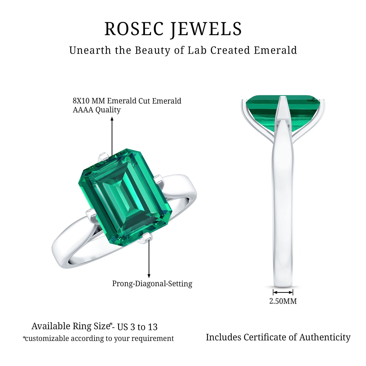 3 Carat Emerald Cut Lab Grown Emerald Solitaire Engagement Ring
