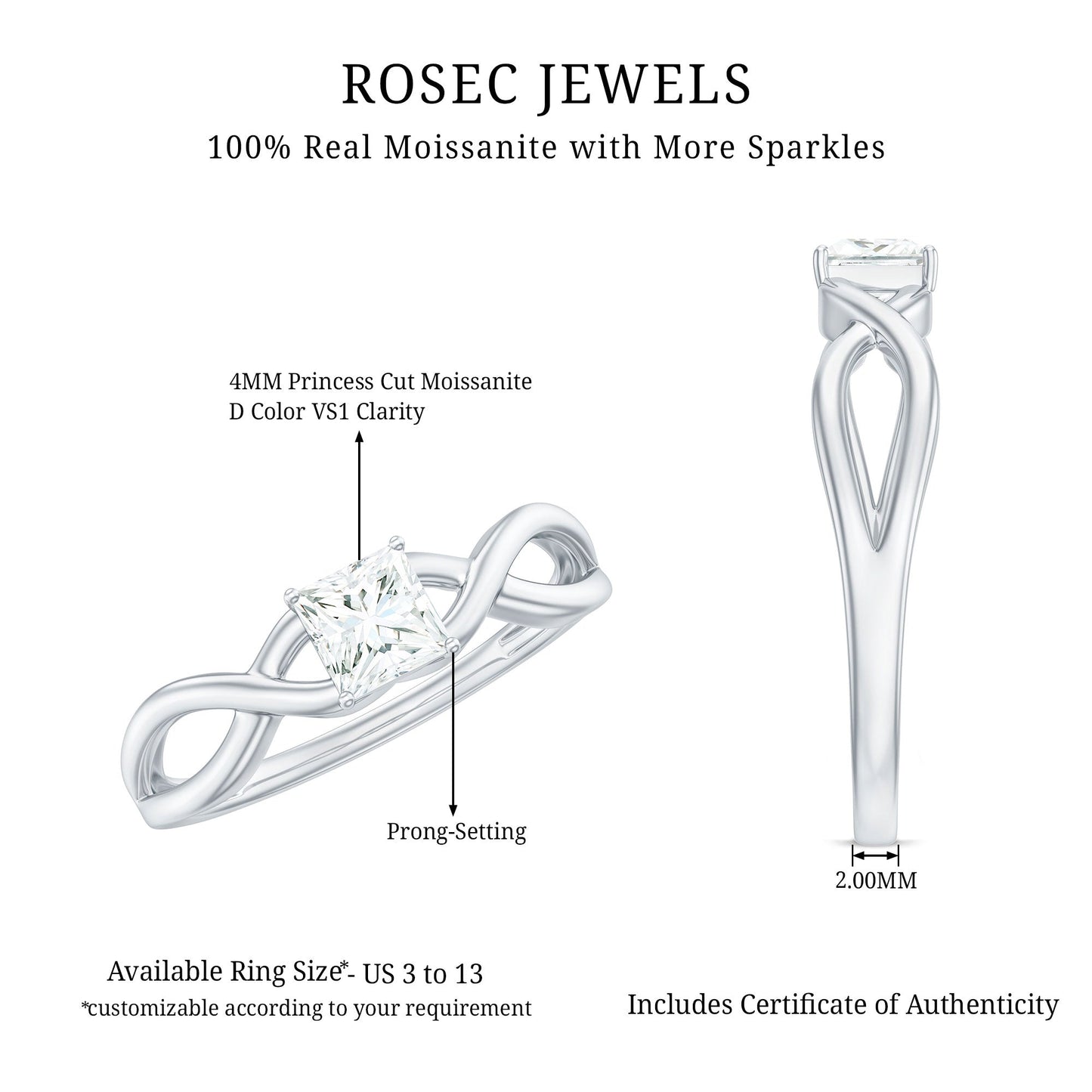 Princess Cut Moissanite Solitaire Crossover Ring for Women