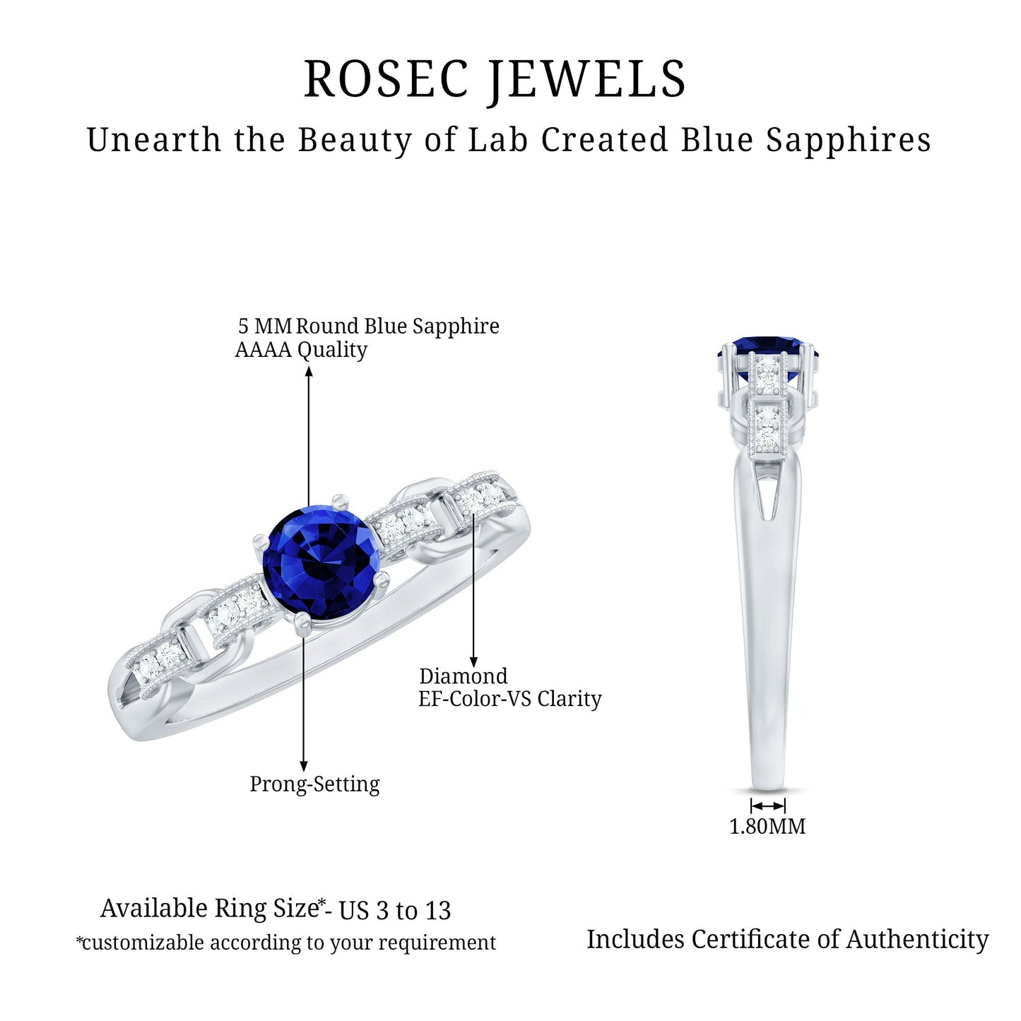 Certified 0.6 Carat Lab Grown Blue Sapphire Promise Ring with Diamond for Women
