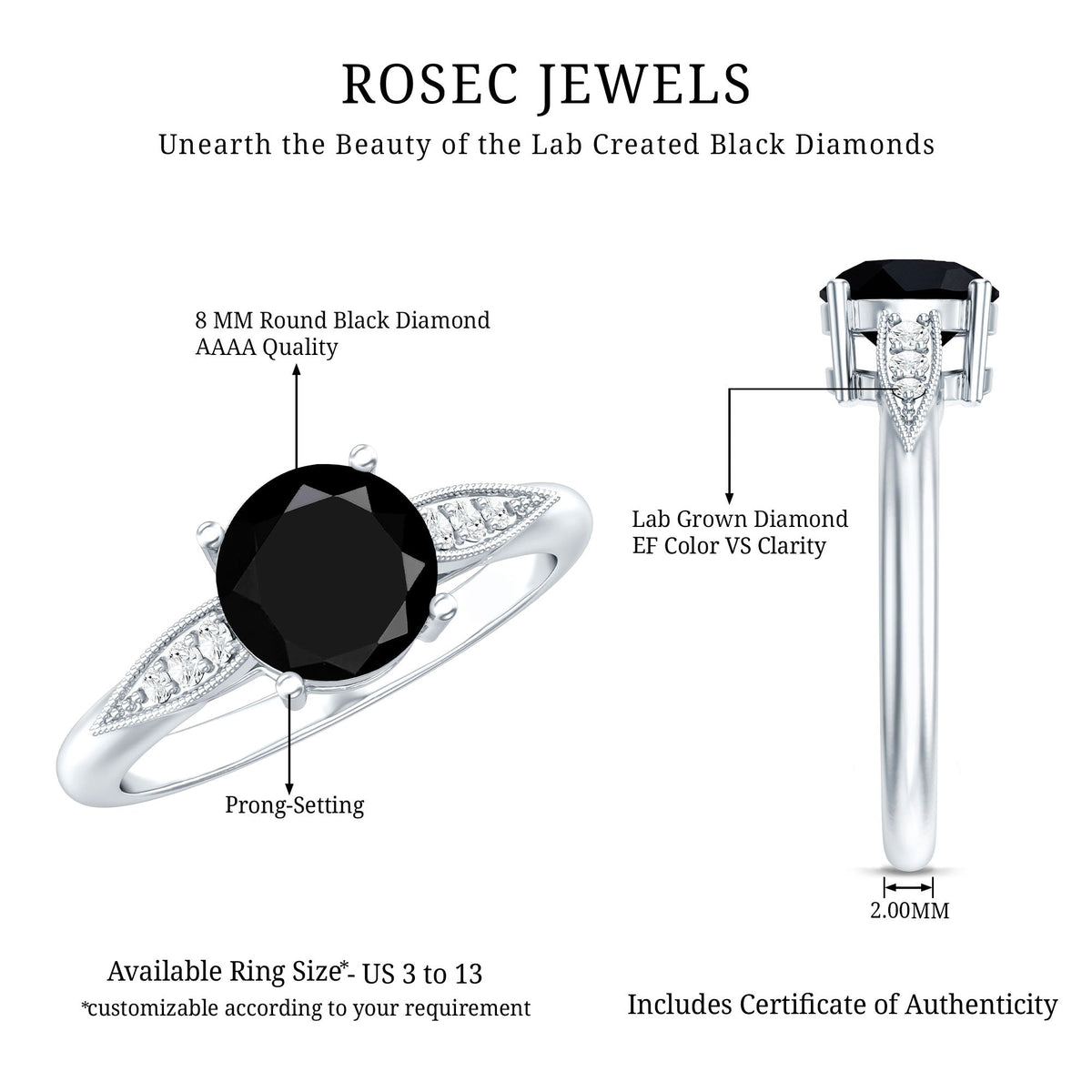 Certified 2 Carat Lab Grown Black Diamond Solitaire Engagement Ring with White Diamond