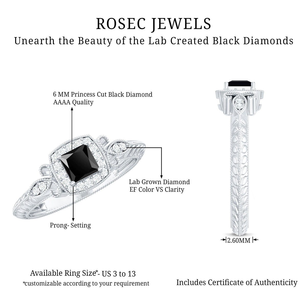 Vintage Looking 1 Carat Lab Grown Black and White Diamond Engagement Ring