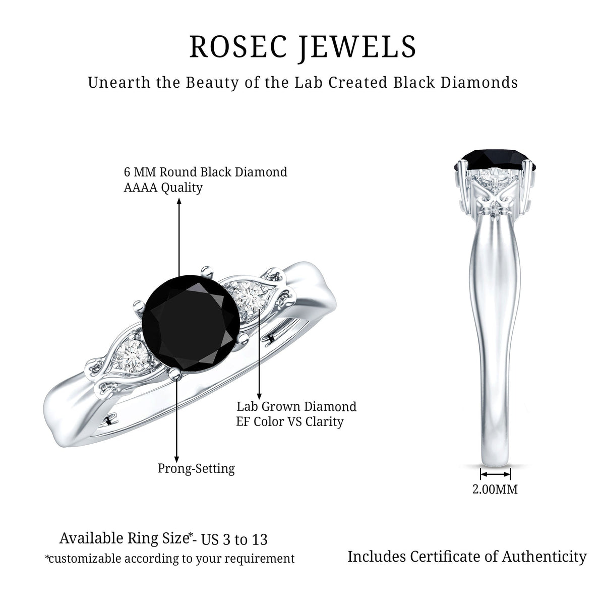 Certified 1.3 Carat Lab Grown Black Diamond Engagement Ring with White Diamond