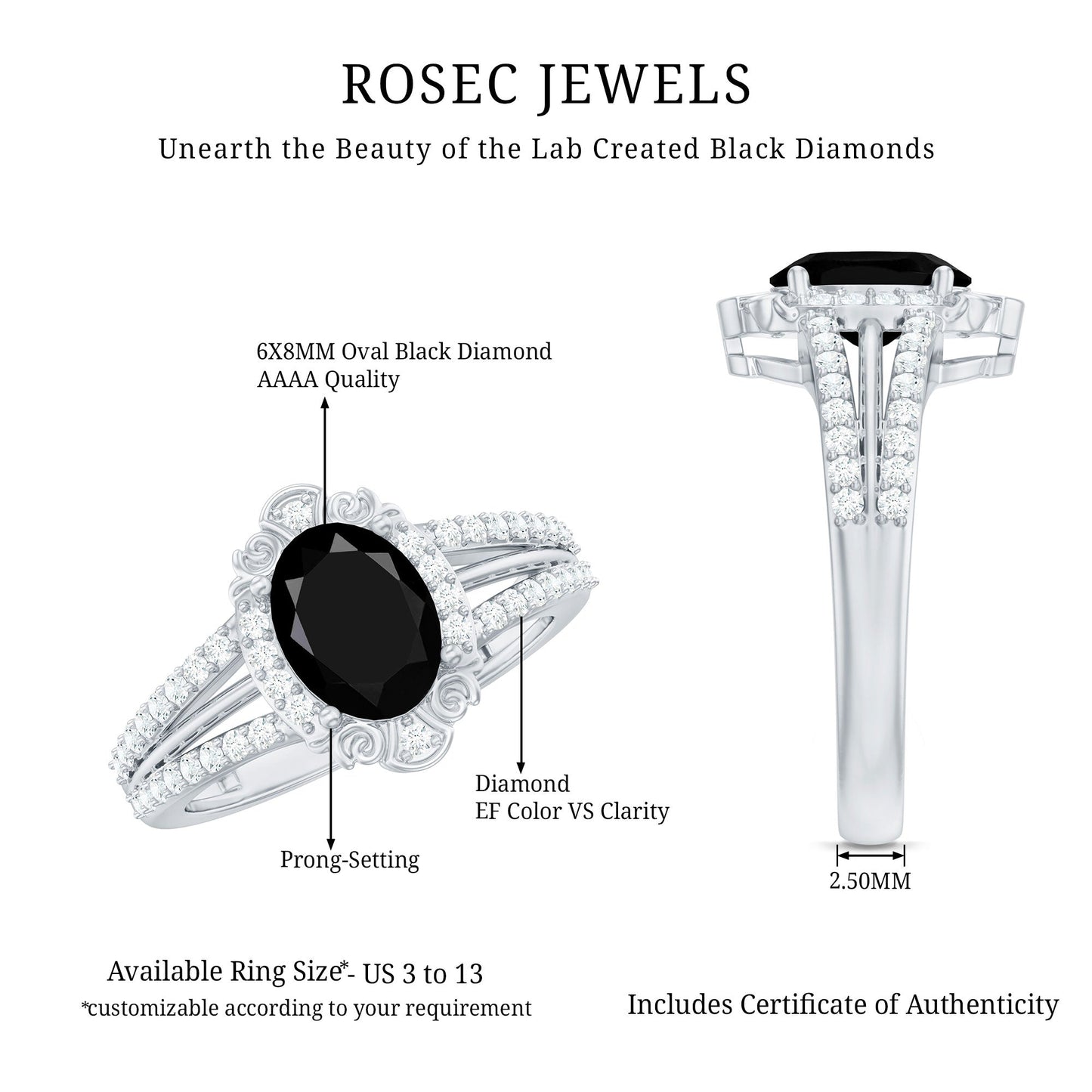 Vintage Style 1.9 Carat Lab Grown Black Diamond Oval Engagement Ring with Diamond Halo