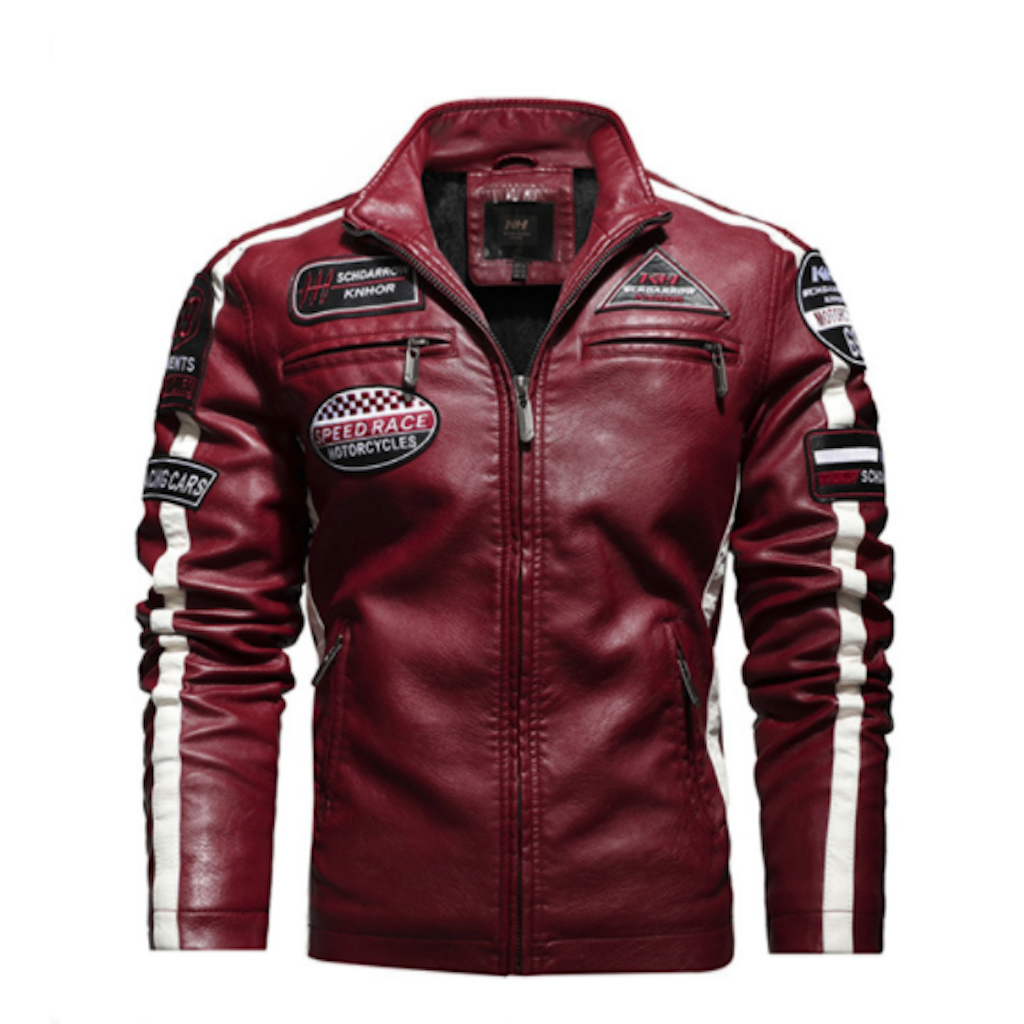Mens Biker Vegan Leather Jacket With Badges - Great Hall Collections House