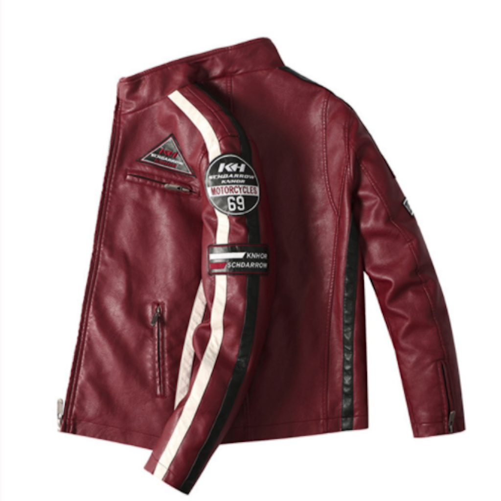 Mens Biker Vegan Leather Jacket With Badges - Great Hall Collections House