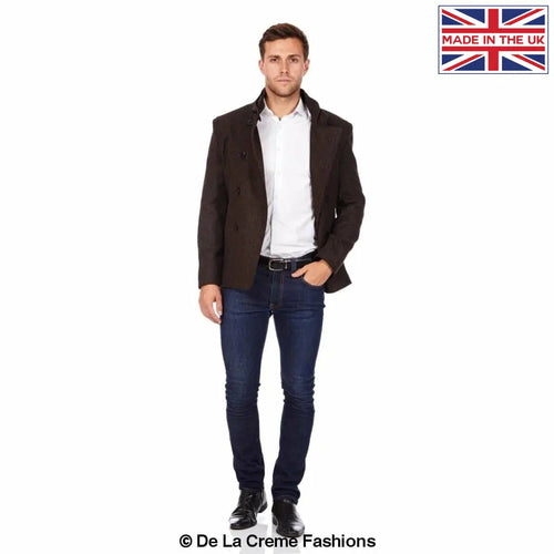 De La Creme MAN - Herringbone Tweed Blend Short Reefer Coat made in UK - Great Hall Collections House