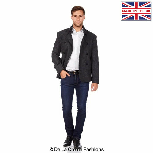 De La Creme MAN - Herringbone Tweed Blend Short Reefer Coat made in UK - Great Hall Collections House