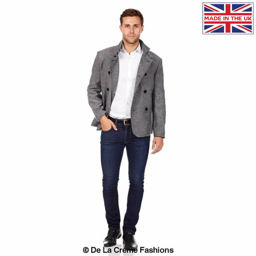 De La Creme MAN - Herringbone Tweed Blend Short Reefer Coat made in UK - Great Hall Collections House
