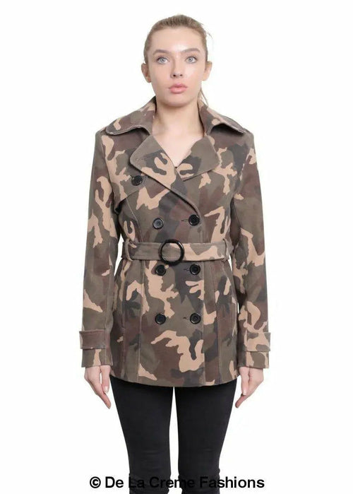 De La Creme - Womens Camo Print Double Breasted Short Coat - Great Hall Collections House