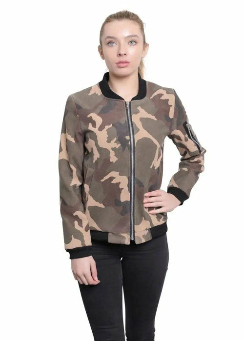 De La Creme - Womens Camo Zip-Thru Varsity Bomber Jacket - Great Hall Collections House