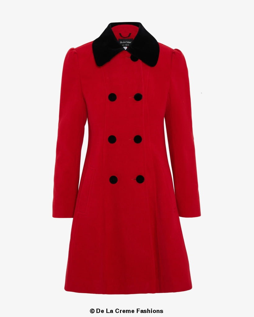 De La Creme Womens Double Breasted Velvet Trim Skater Coat made in uk - Great Hall Collections House