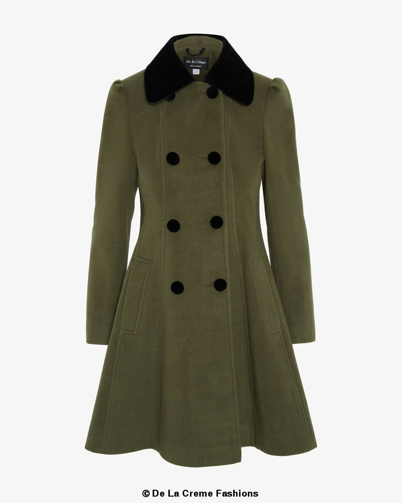De La Creme Womens Double Breasted Velvet Trim Skater Coat made in uk - Great Hall Collections House