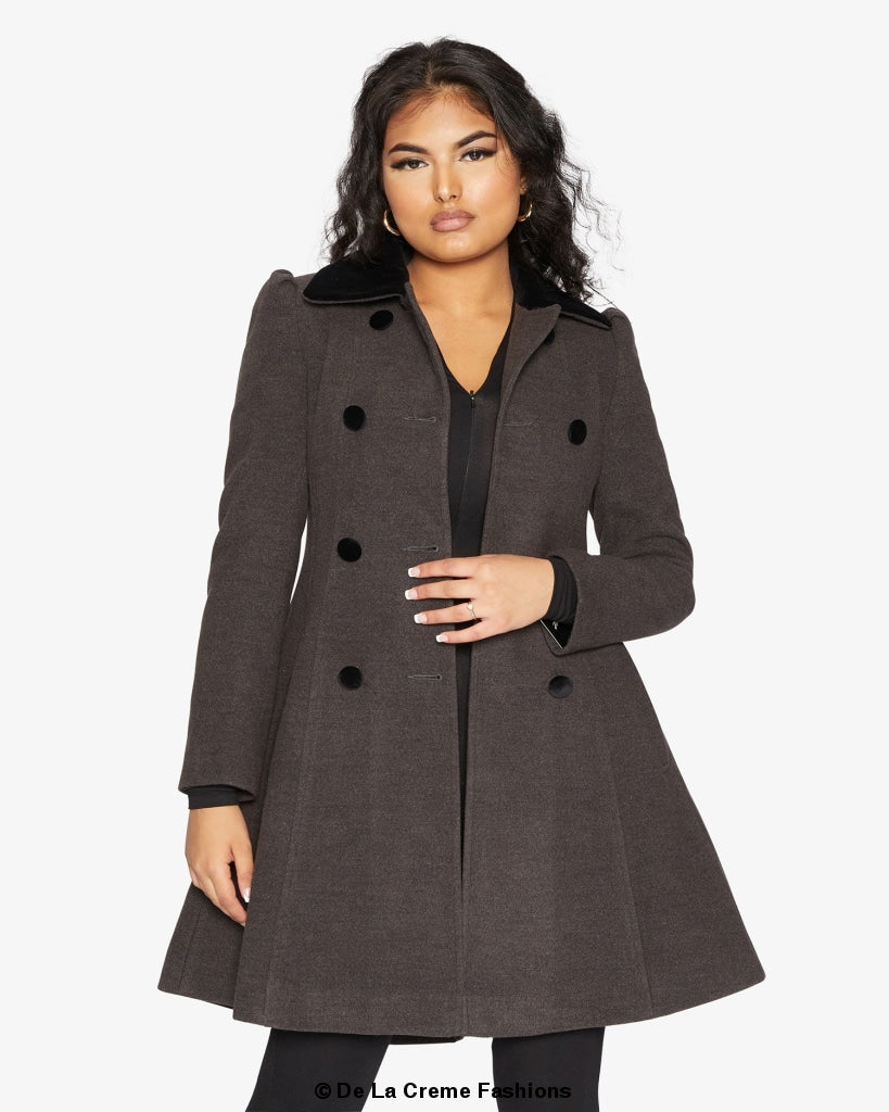 De La Creme Womens Double Breasted Velvet Trim Skater Coat made in uk - Great Hall Collections House