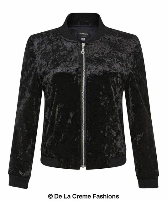 De La Creme - Womens Velvet Zip-Thru Varsity Bomber Jacket made in uk - Great Hall Collections House