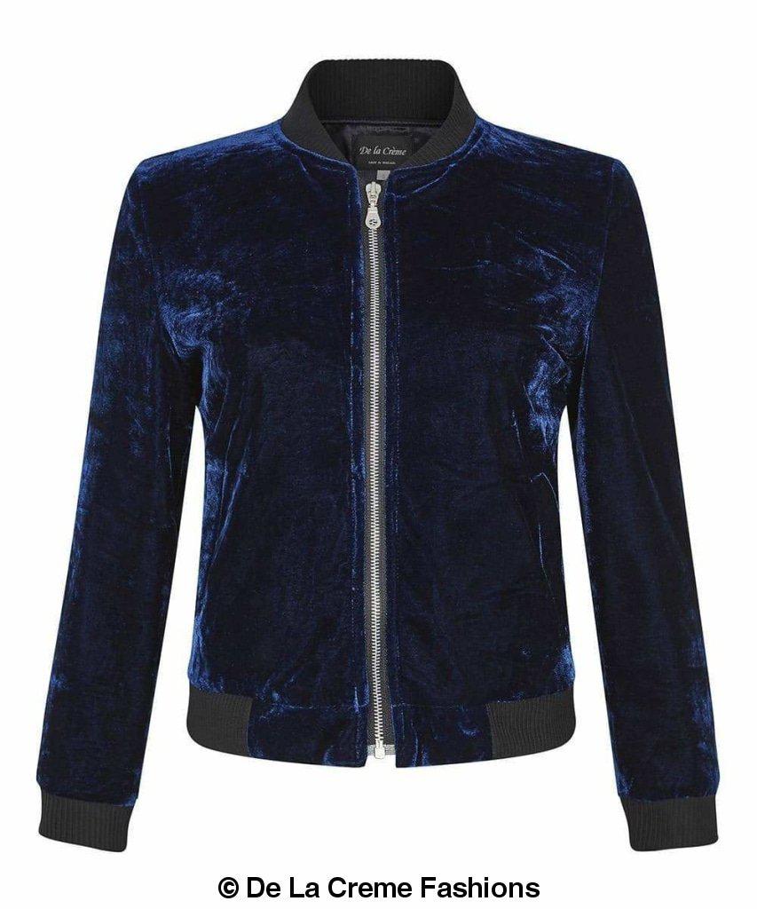De La Creme - Womens Velvet Zip-Thru Varsity Bomber Jacket made in uk - Great Hall Collections House