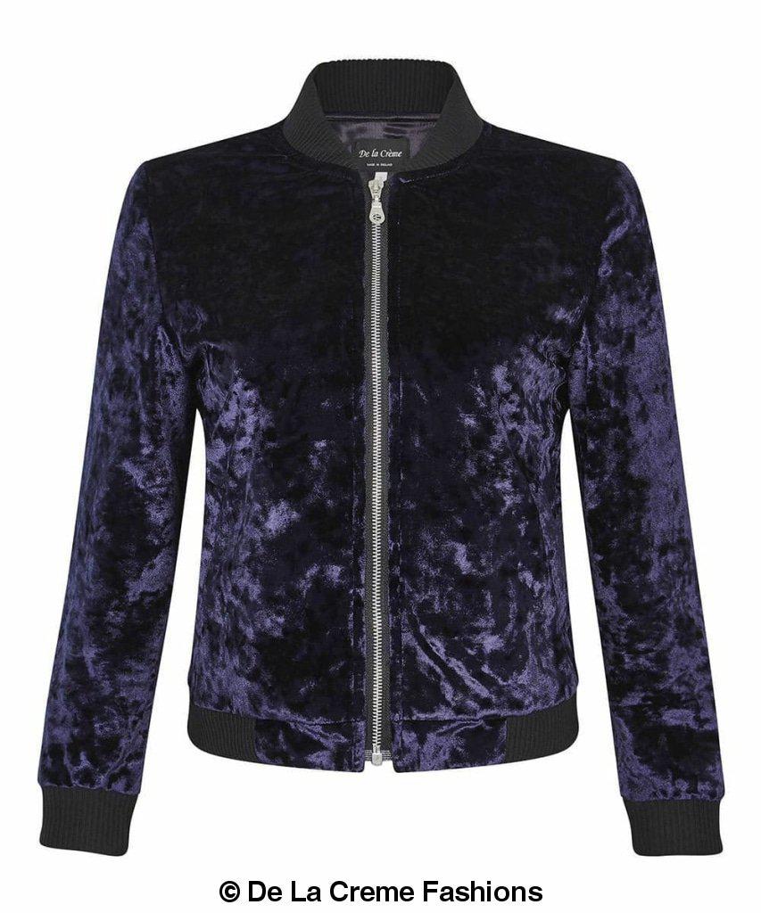 De La Creme - Womens Velvet Zip-Thru Varsity Bomber Jacket made in uk - Great Hall Collections House