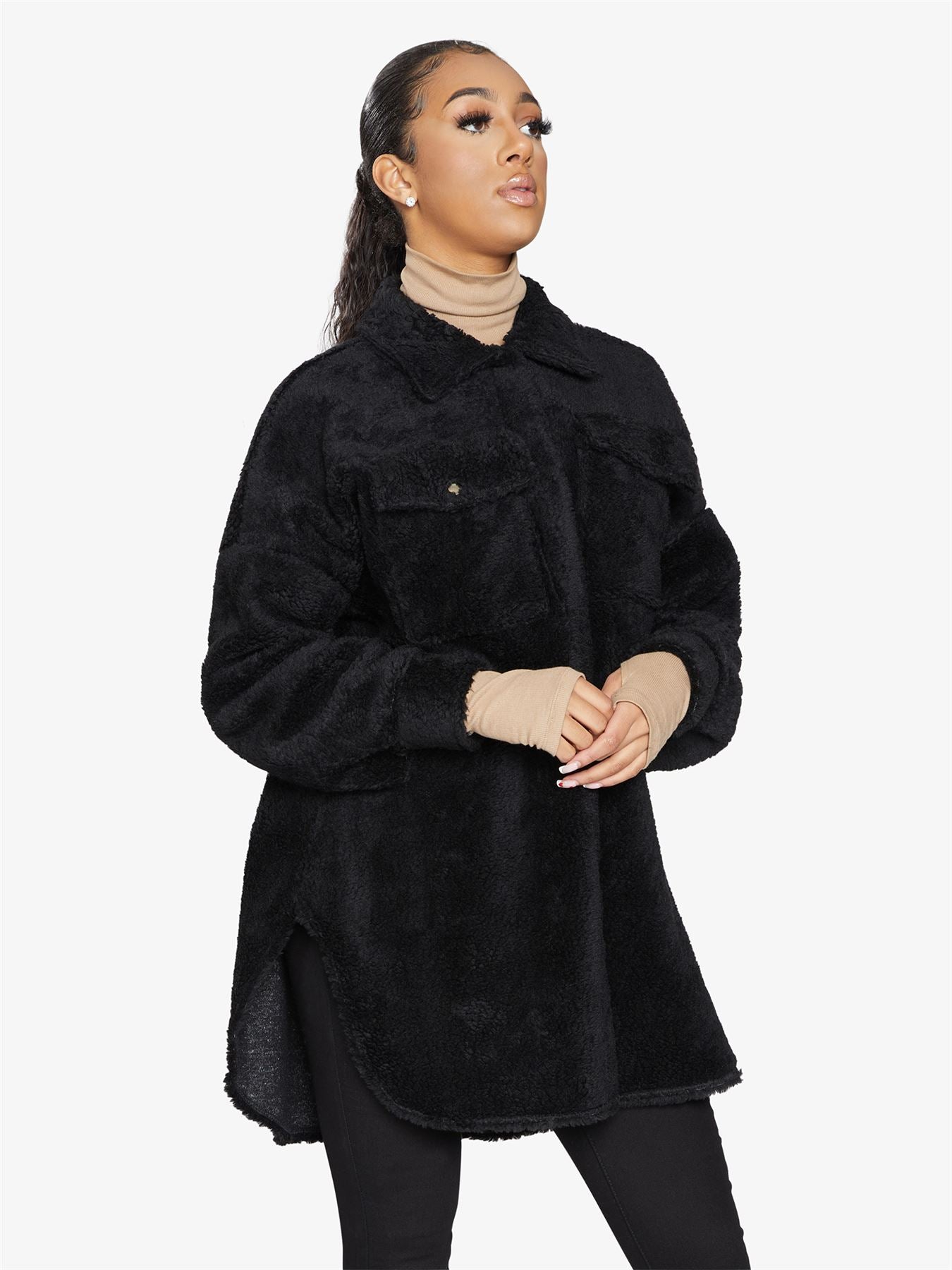 Oversized Stud Button Borg Teddy Shacket            made in UK - Great Hall Collections House