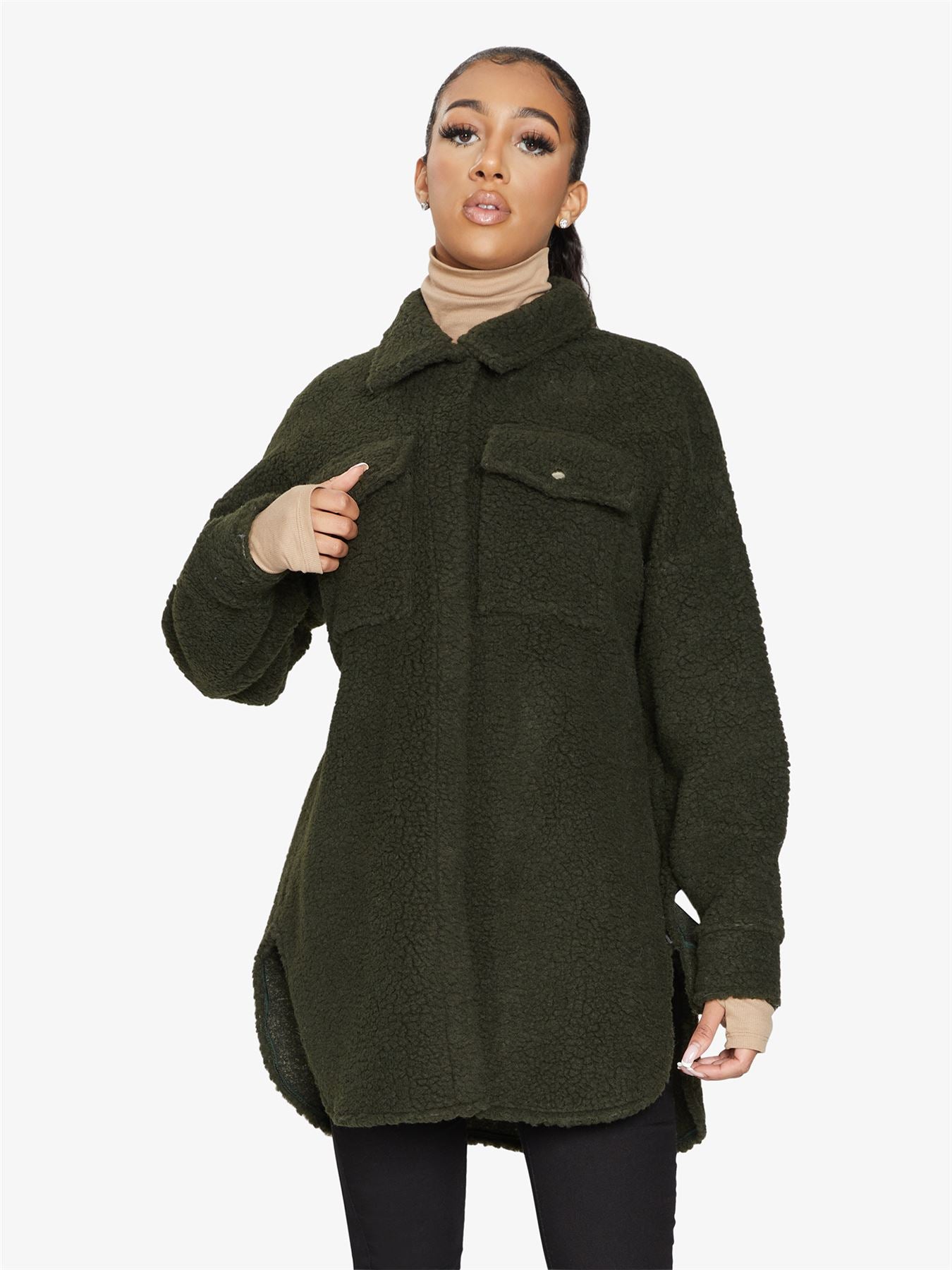 Oversized Stud Button Borg Teddy Shacket            made in UK - Great Hall Collections House