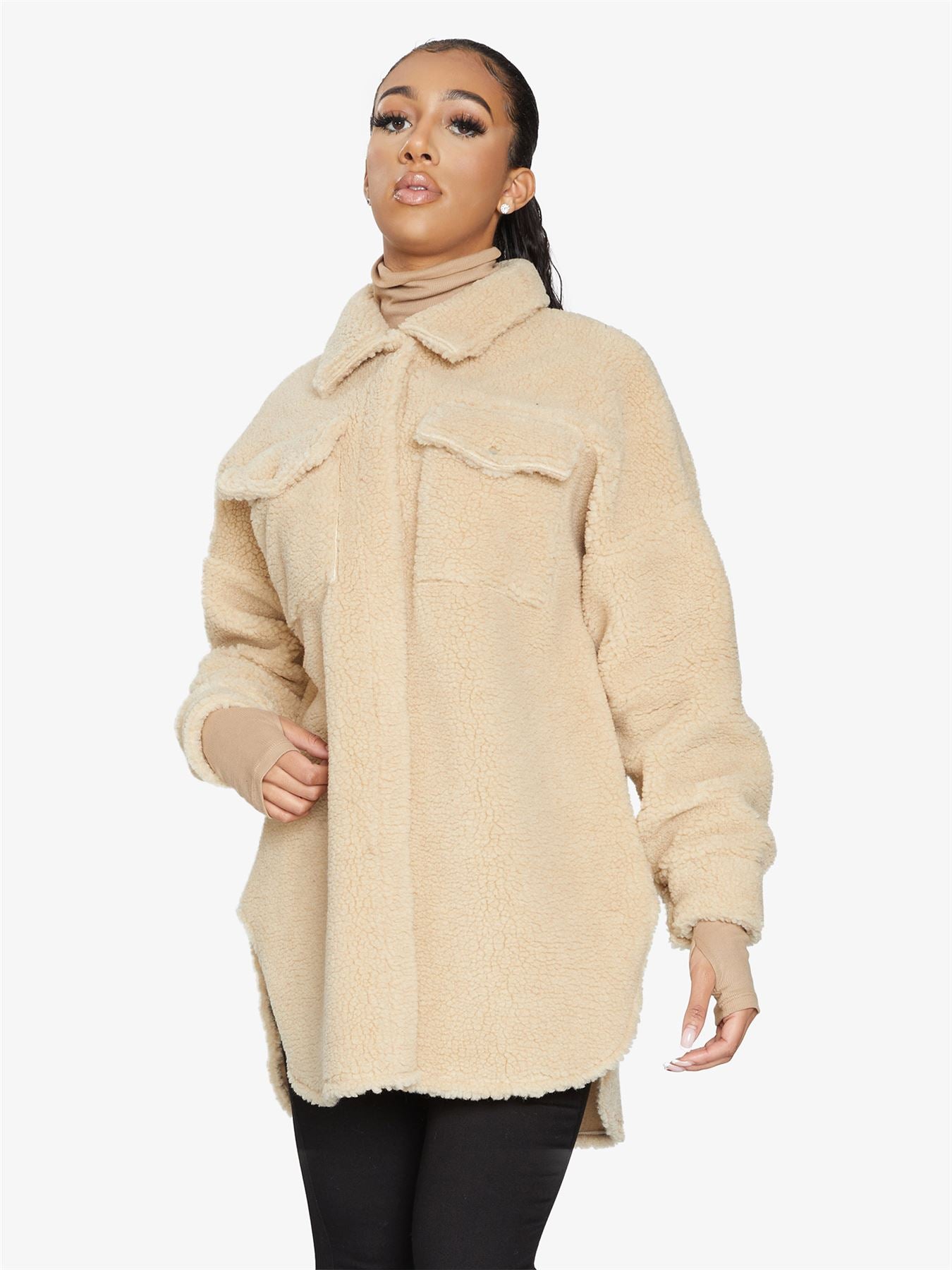 Oversized Stud Button Borg Teddy Shacket            made in UK - Great Hall Collections House