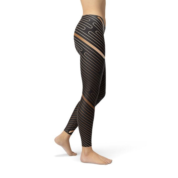 Womens Striped Lines Sports Brown Leggings - Great Hall Collections House