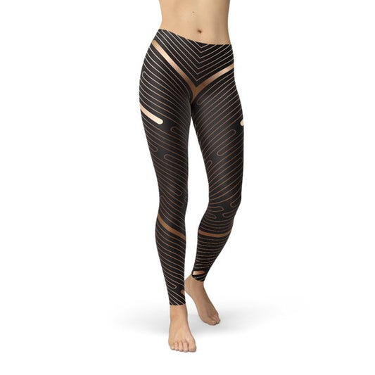 Womens Striped Lines Sports Brown Leggings - Great Hall Collections House