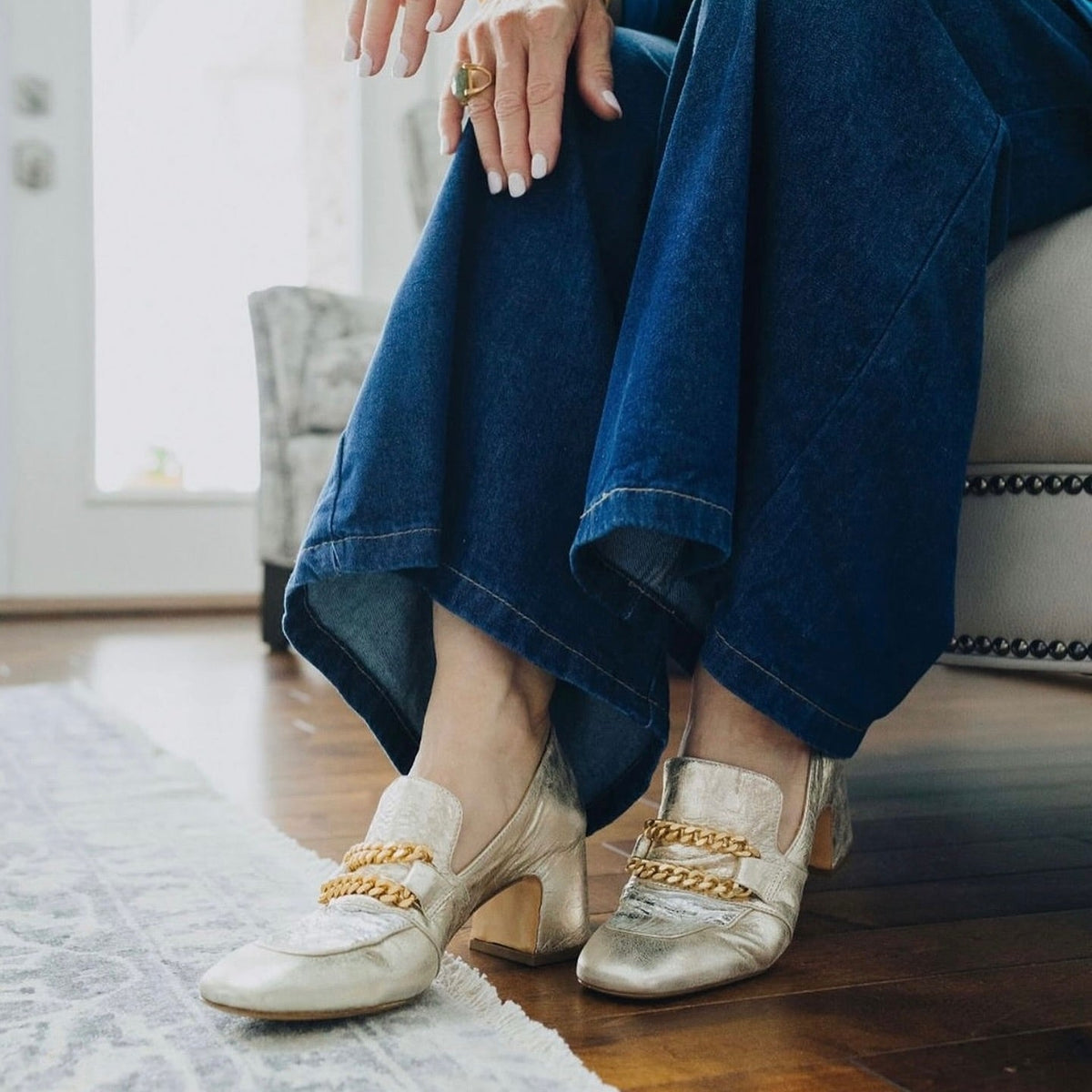 Gold/Silver Leather Mid Heel Loafer W/Chain