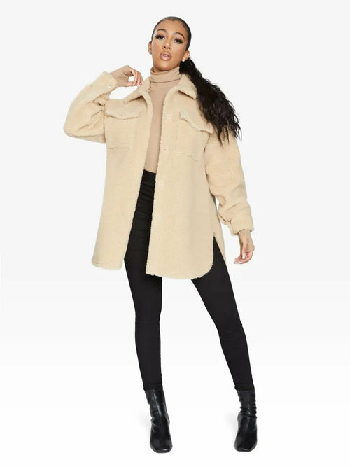 Oversized Stud Button Borg Teddy Shacket            made in UK