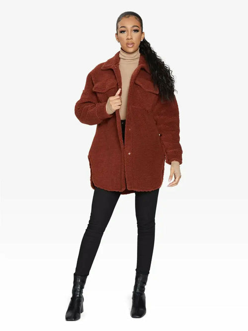 Oversized Stud Button Borg Teddy Shacket            made in UK