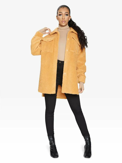 Oversized Stud Button Borg Teddy Shacket            made in UK